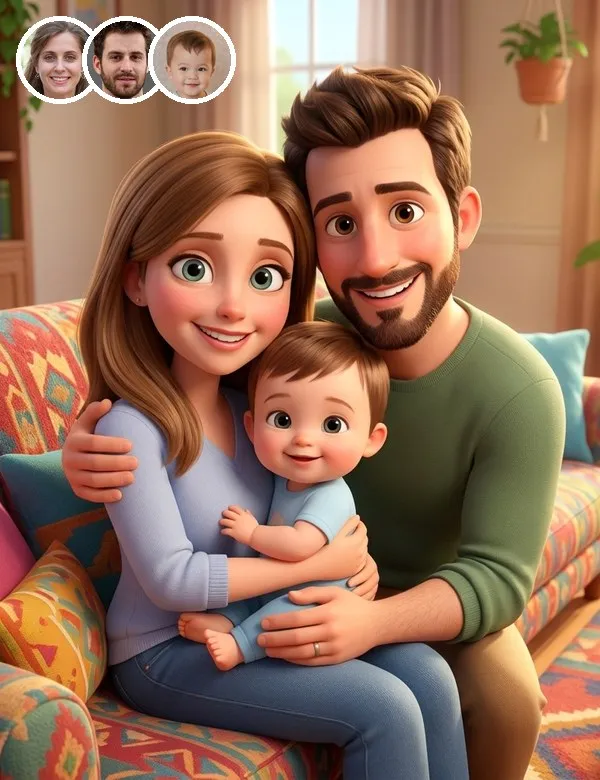 Mom, dad and baby in the 3D Animated Family family portrait, an example picture made with BabyWish