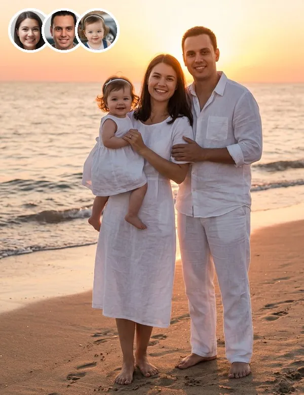 Mom, dad and baby in the Beach Sunset family portrait, an example picture made with BabyWish