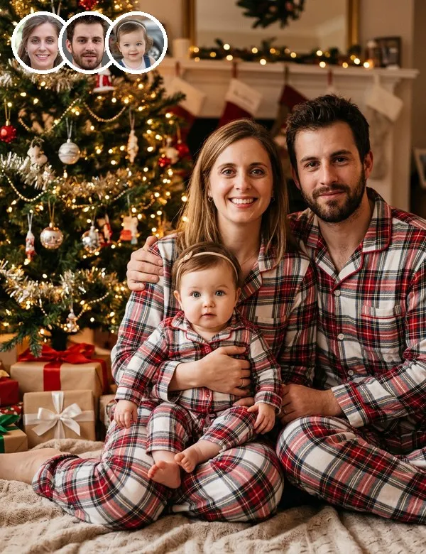Mom, dad and baby in the Christmas Pajamas family portrait, an example picture made with BabyWish