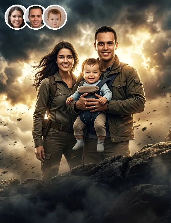 Mom, dad and baby in the Movie Poster family portrait, an example picture made with BabyWish