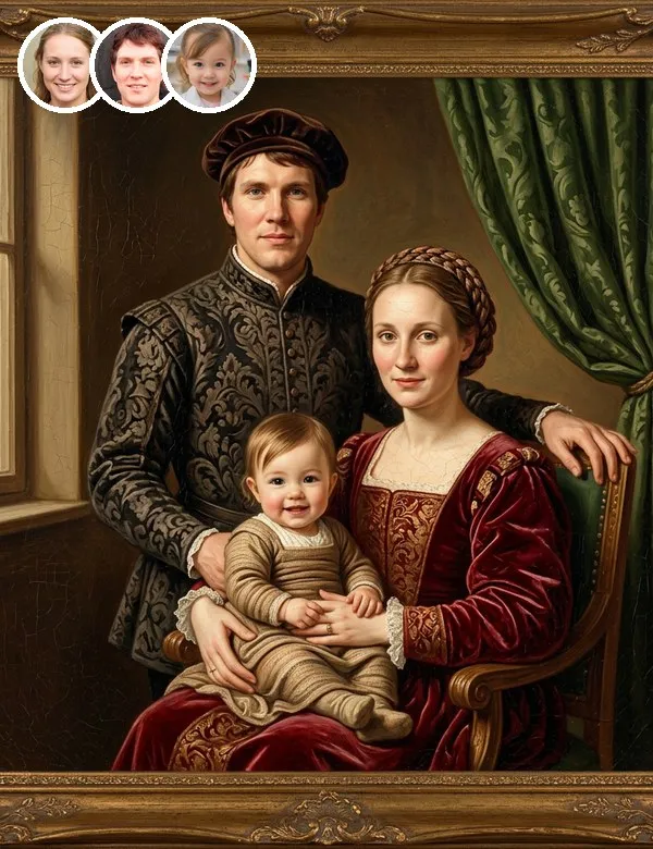 Mom, dad and baby in the Renaissance Portrait family portrait, an example picture made with BabyWish