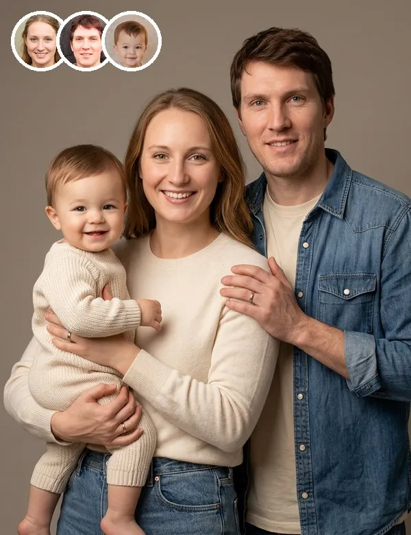 Mom, dad and baby in the Studio Portrait family portrait, an example picture made with BabyWish