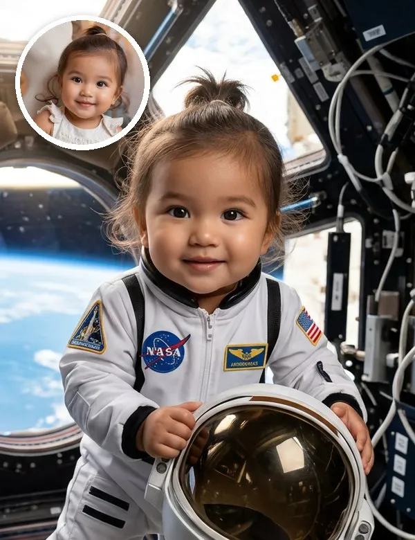 A baby in the Little Astronaut look, an example picture made with BabyWish