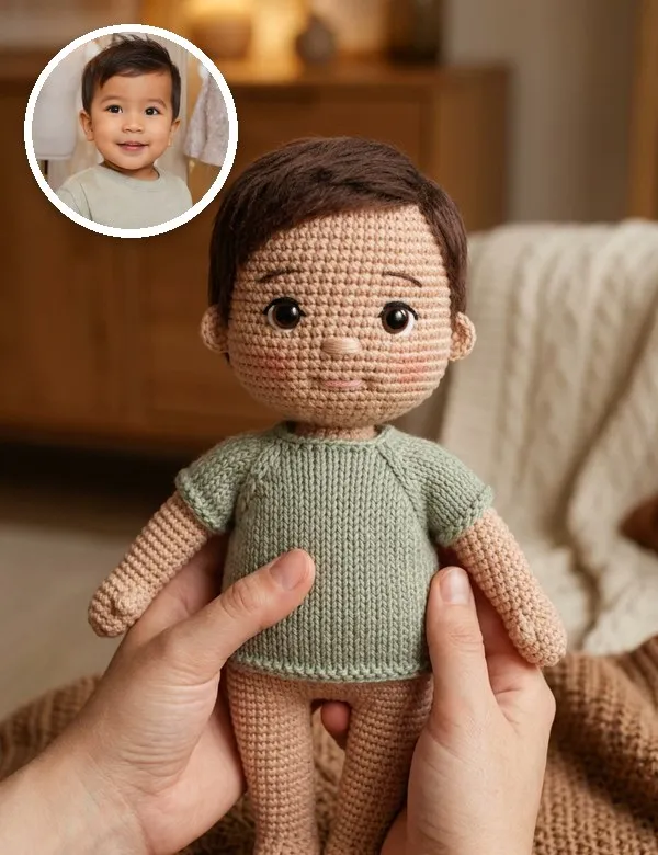 A baby in the Knitted Doll look, an example picture made with BabyWish
