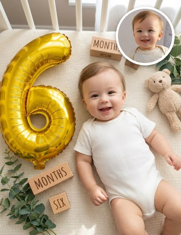 A baby in the Milestone Month look, an example picture made with BabyWish