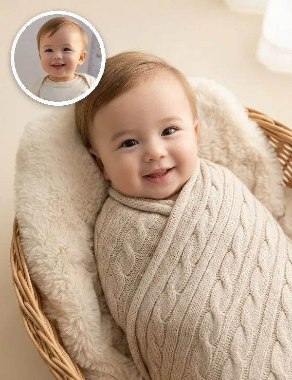 A baby in the Studio Photoshoot look, an example picture made with BabyWish