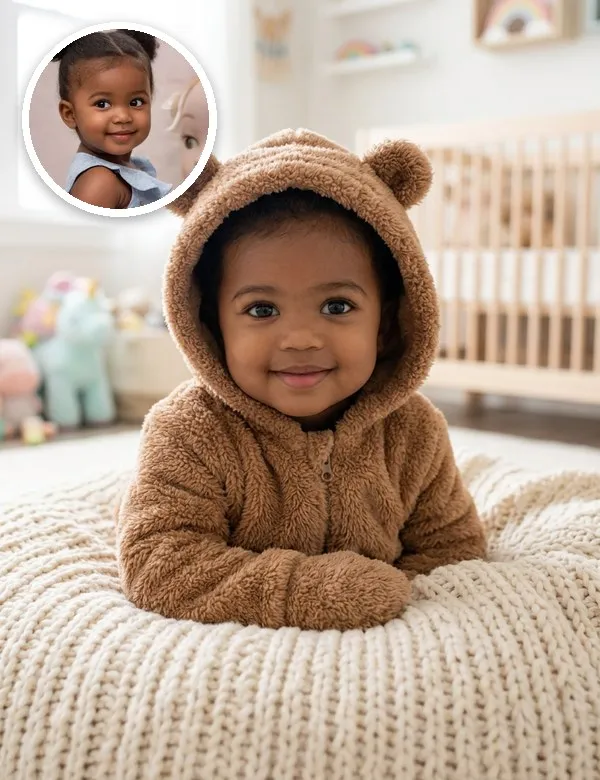A baby in the Teddy Bear Onesie look, an example picture made with BabyWish