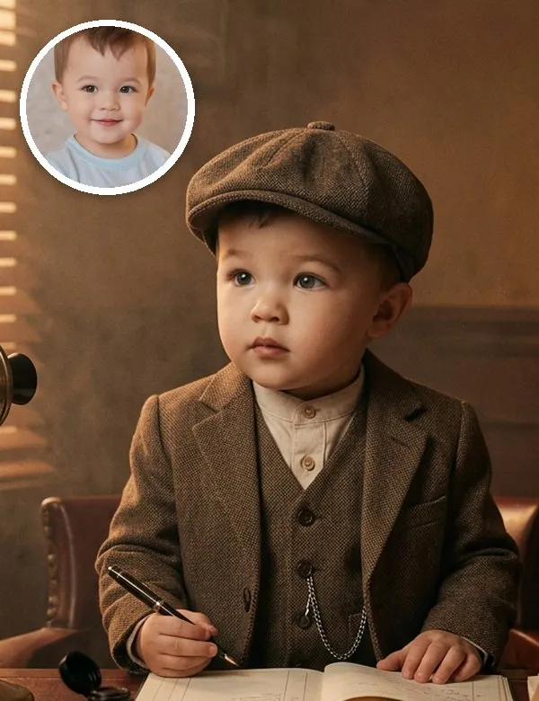 A baby in the 1920s Boss look, an example picture made with BabyWish