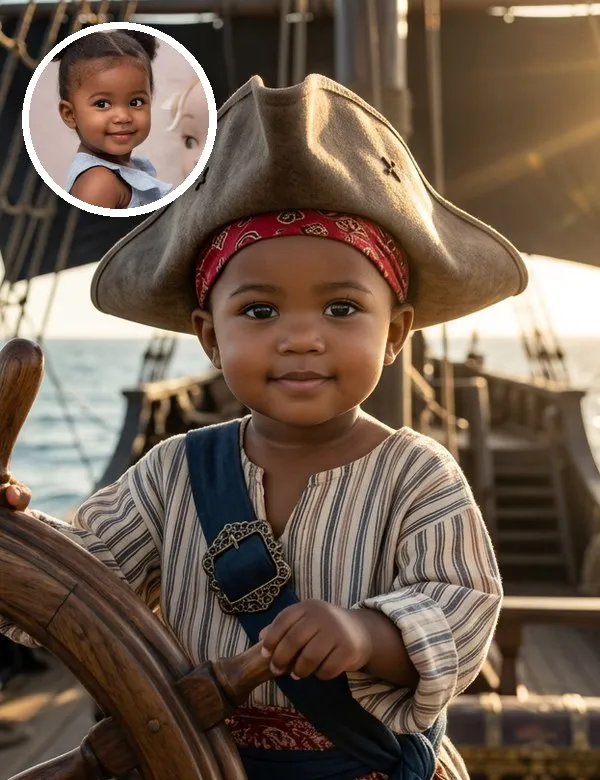 A baby in the Pirate Captain look, an example picture made with BabyWish