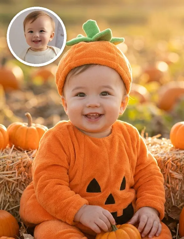 A baby in the Pumpkin Costume look, an example picture made with BabyWish