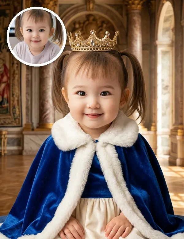 A baby in the Little Royalty look, an example picture made with BabyWish