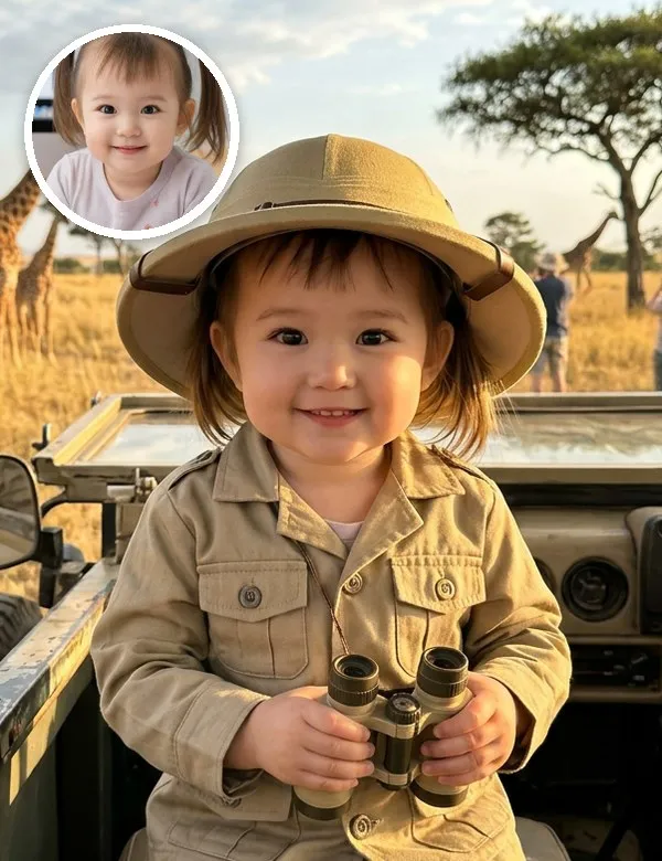 A baby in the Safari Explorer look, an example picture made with BabyWish