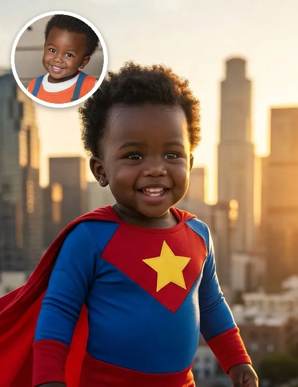 A baby in the Superhero look, an example picture made with BabyWish