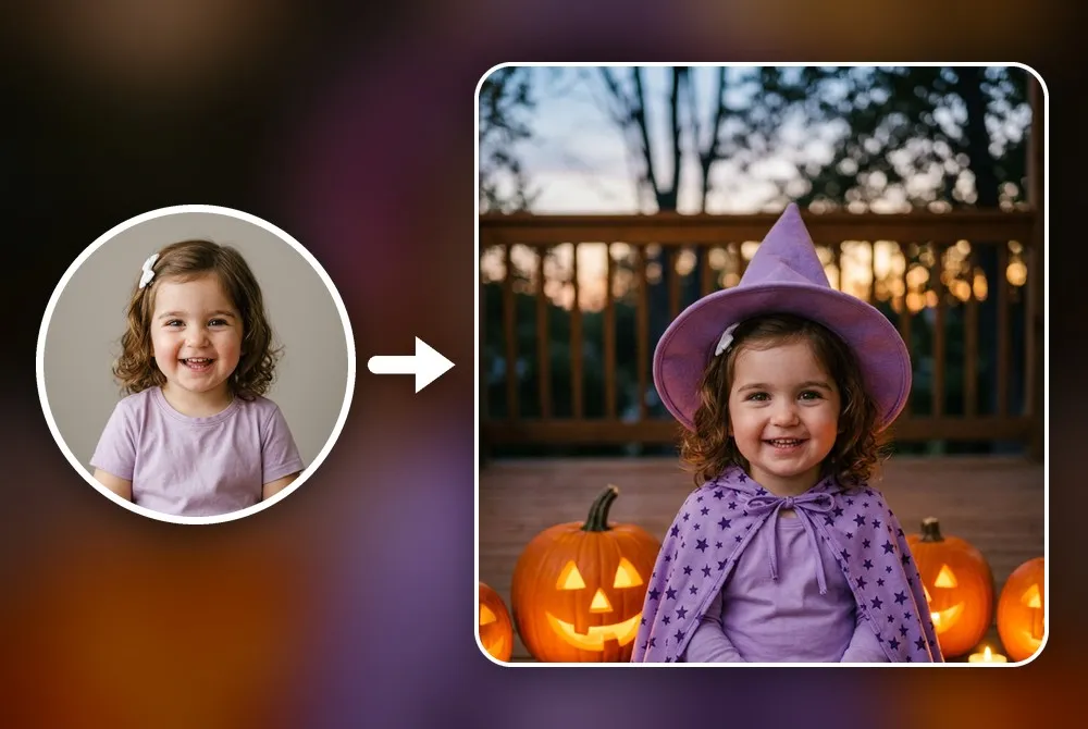 A smiling baby dressed as a little witch with a pointed hat