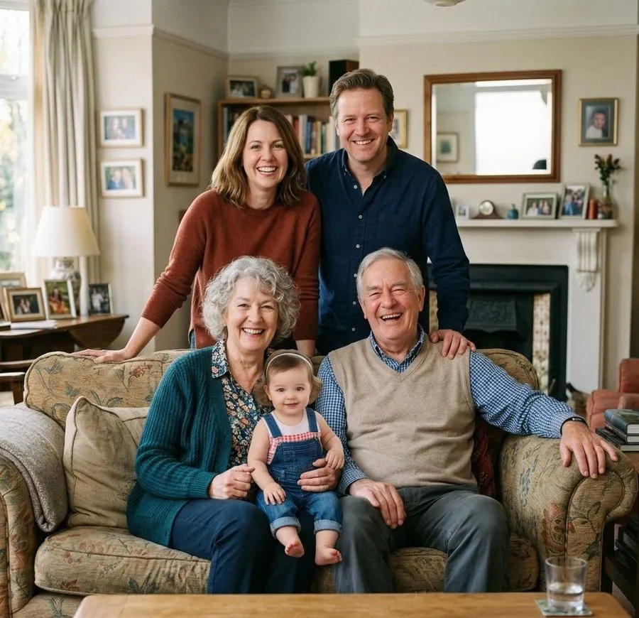 The same family photo with the baby added on grandma's lap