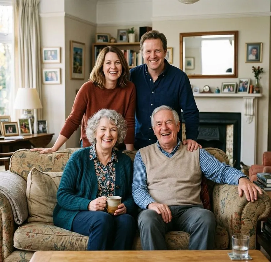 A family photo on a sofa, without the baby