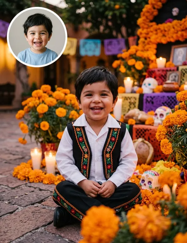 Un bebé con el look Día de Muertos, imagen de ejemplo hecha con BabyWish