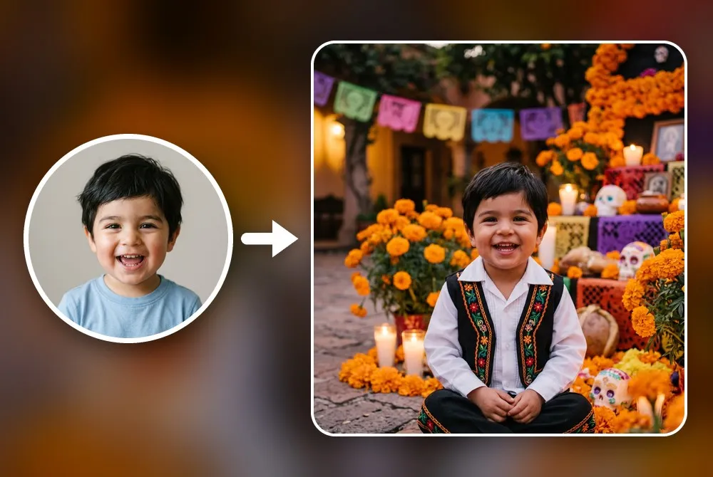 Imagen creada con BabyWish a partir de la foto de un niño: sentado frente a una ofrenda con cempasúchil, velas y calaveritas de azúcar