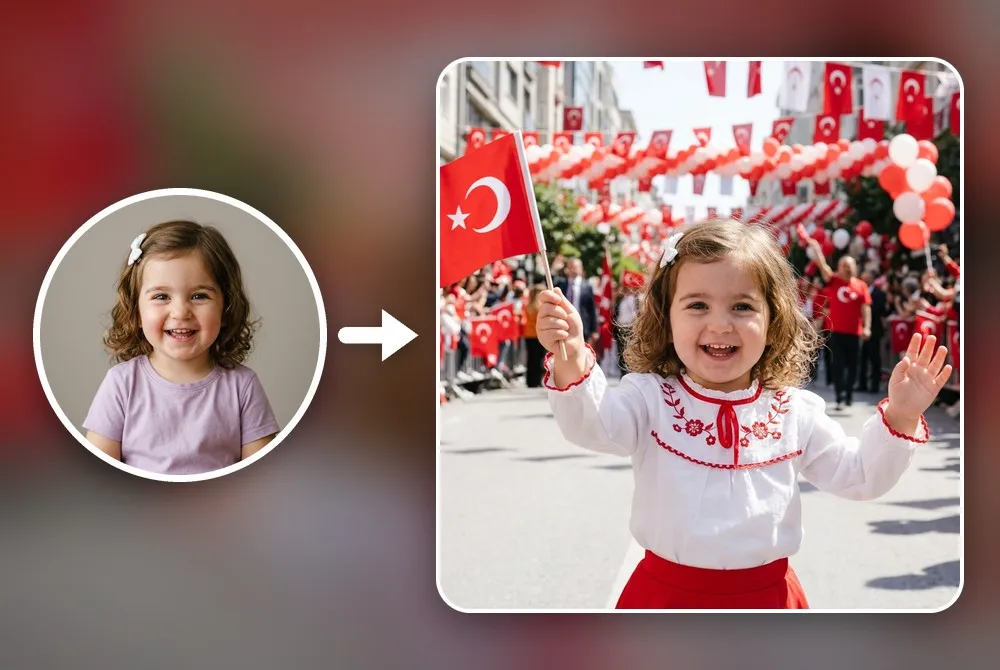 Bir çocuk fotoğrafından BabyWish ile yapılmış, kortejde Türk bayrağı sallayan çocuğun Cumhuriyet Bayramı görseli